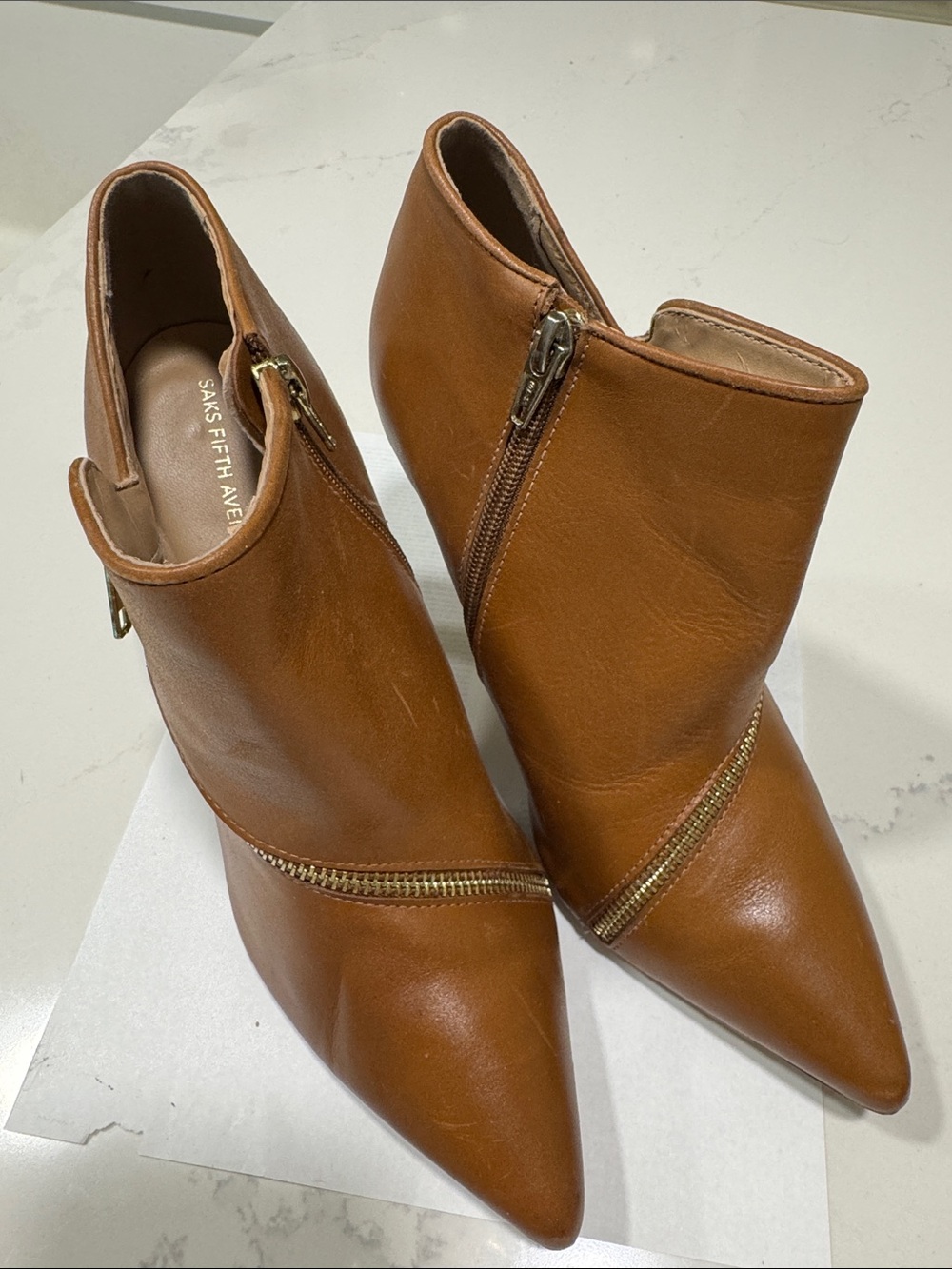 Saks Fifth Avenue Tan Leather Pointed Toe Ankle Booties with Diagonal Zipper